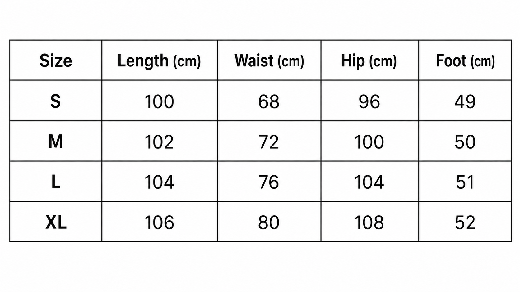 Sizing chart
