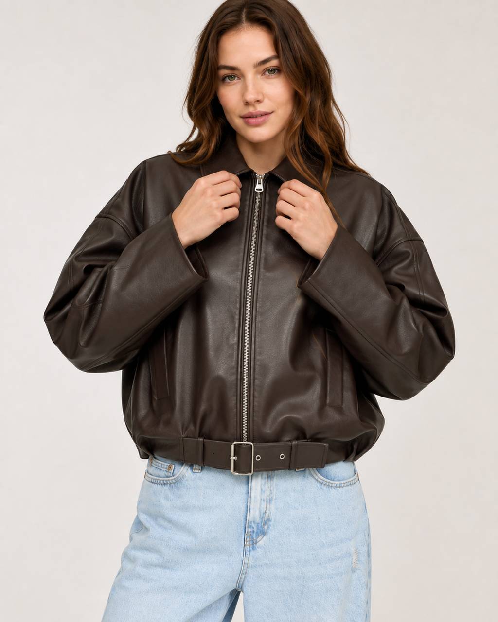 Retro Leather Jacket for Women – Belted Zip Up Vintage Retro Streetwear Jacket