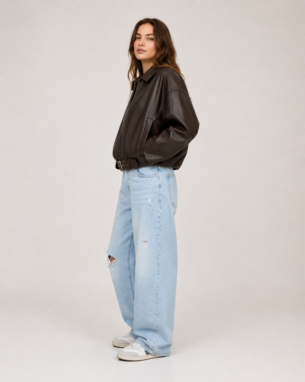 Retro Leather Jacket for Women – Belted Zip Up Vintage Retro Streetwear Jacket