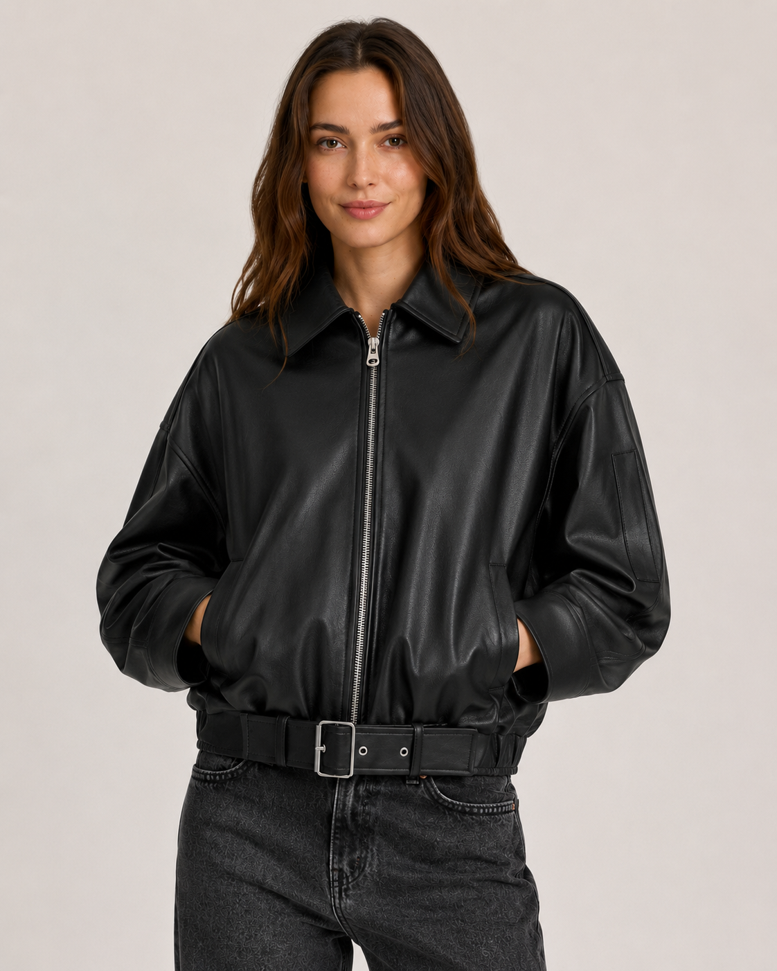 Retro Leather Jacket for Women – Belted Zip Up Vintage Retro Streetwear Jacket