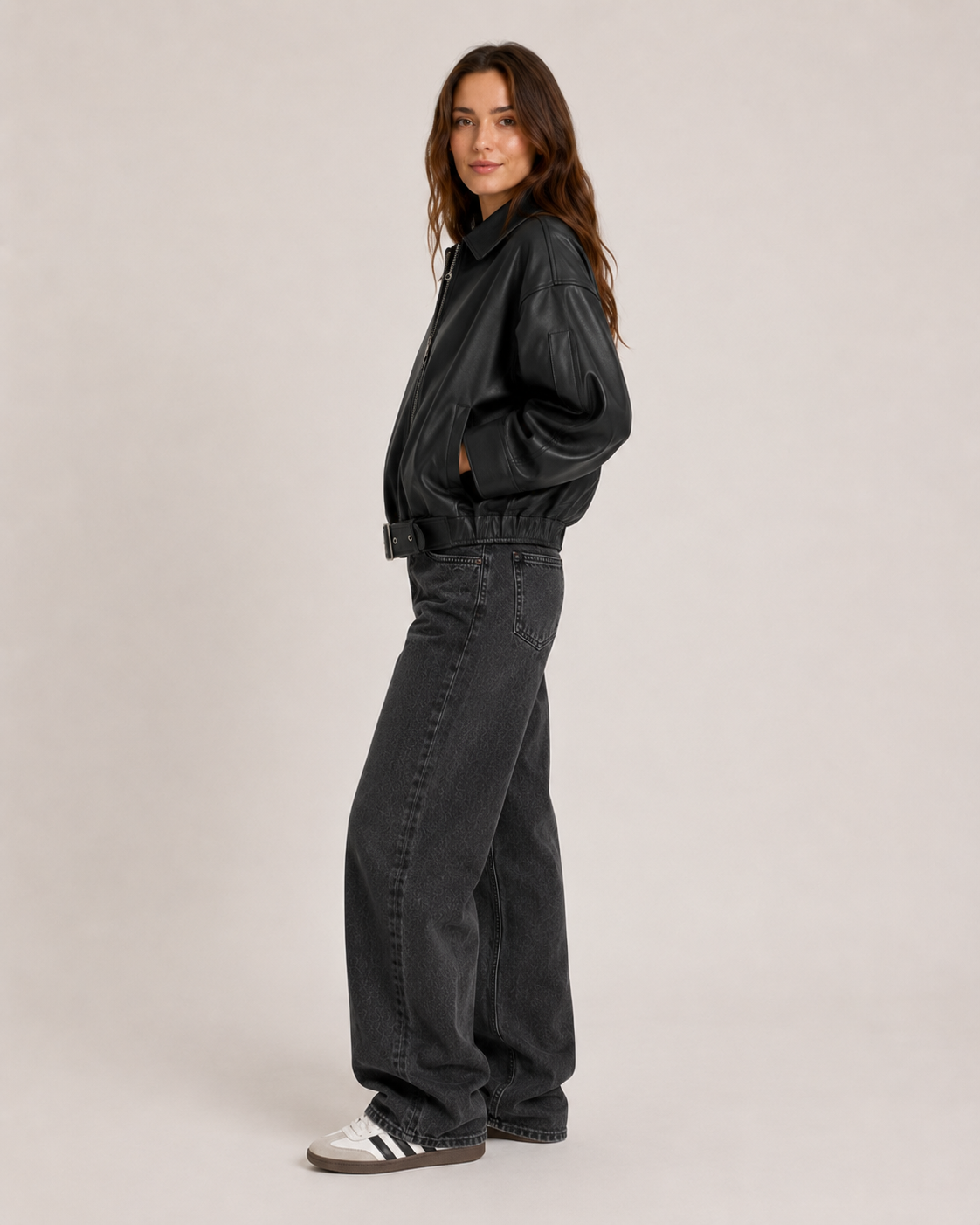 Retro Leather Jacket for Women – Belted Zip Up Vintage Retro Streetwear Jacket