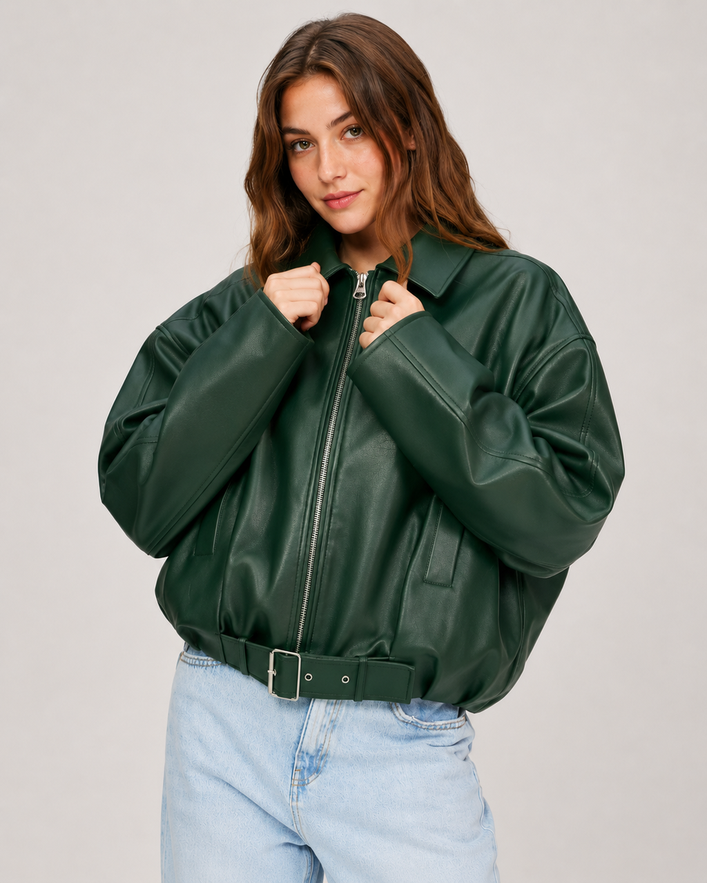 Retro Leather Jacket for Women – Belted Zip Up Vintage Retro Streetwear Jacket