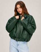 Retro Leather Jacket for Women – Belted Zip Up Vintage Retro Streetwear Jacket