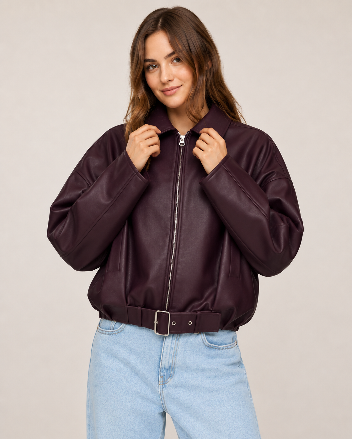 Retro Leather Jacket for Women – Belted Zip Up Vintage Retro Streetwear Jacket