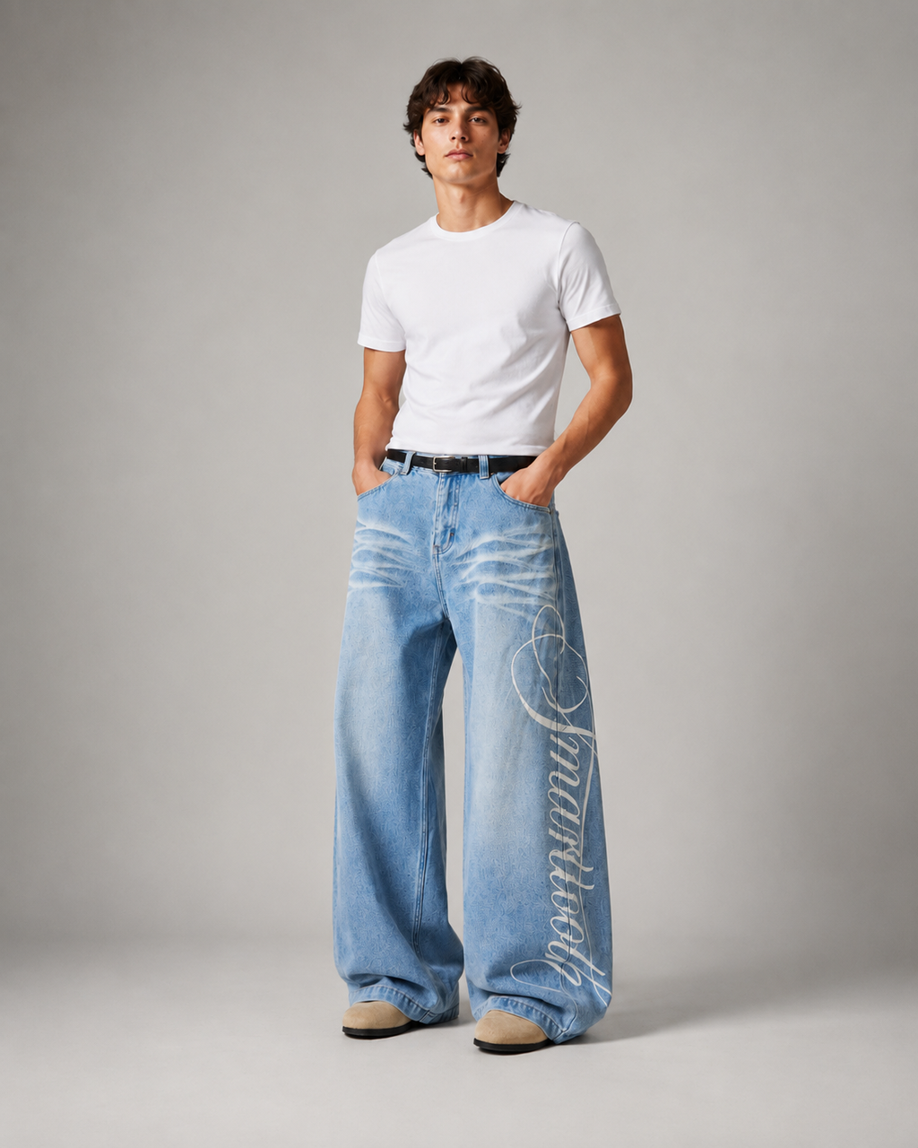 Men's Graphic Wide Leg Denim Jeans – Letter Print Loose Fit Baggy Streetwear Casual Jeans