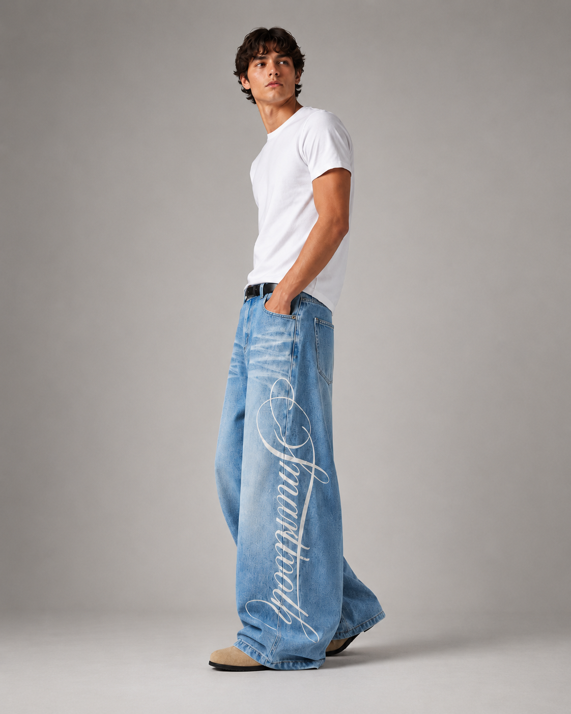 Men's Graphic Wide Leg Denim Jeans – Letter Print Loose Fit Baggy Streetwear Casual Jeans