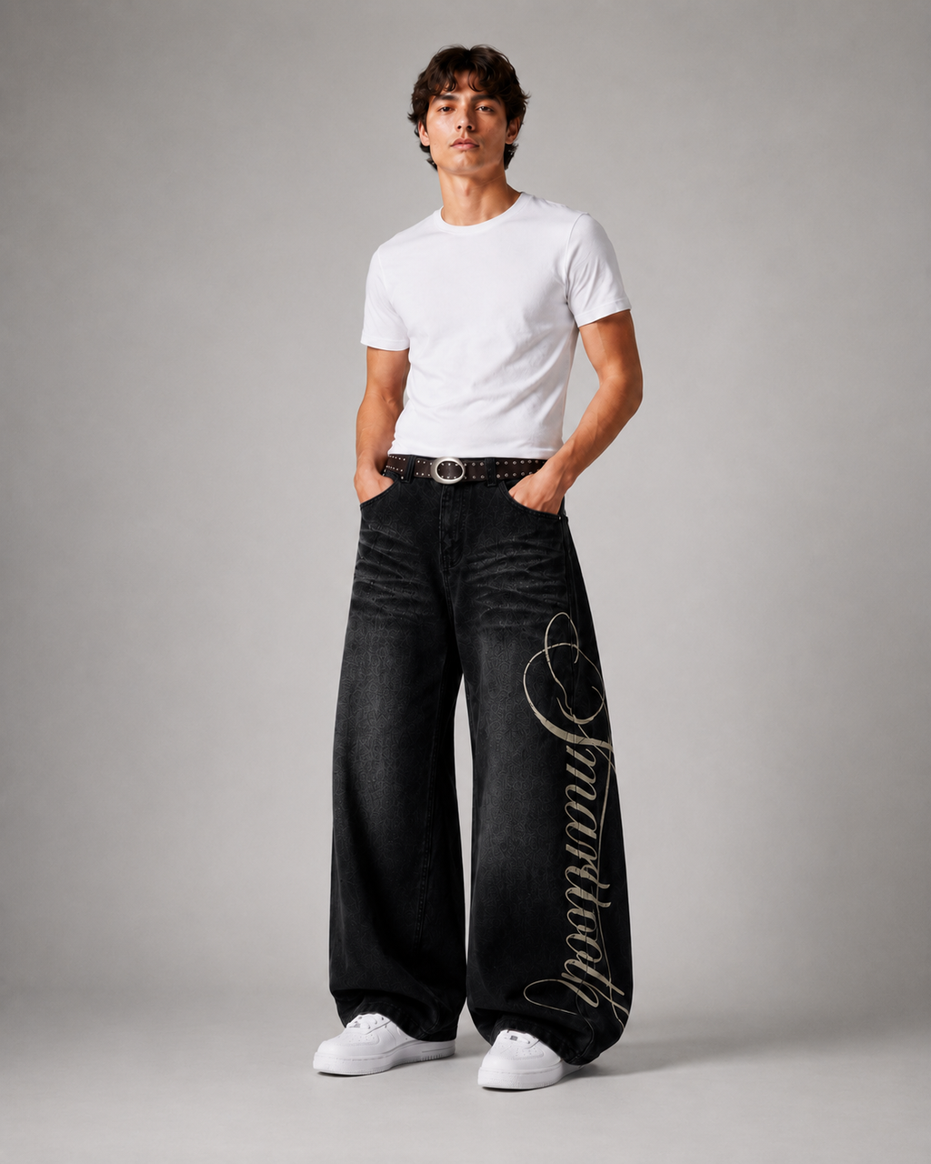 Men's Graphic Wide Leg Denim Jeans – Letter Print Loose Fit Baggy Streetwear Casual Jeans