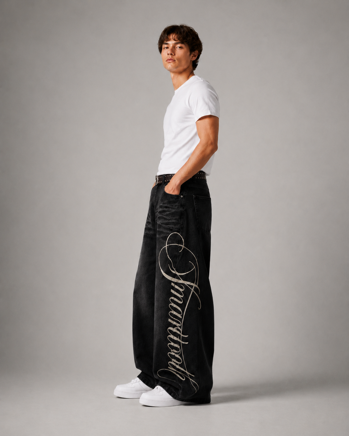 Men's Graphic Wide Leg Denim Jeans – Letter Print Loose Fit Baggy Streetwear Casual Jeans
