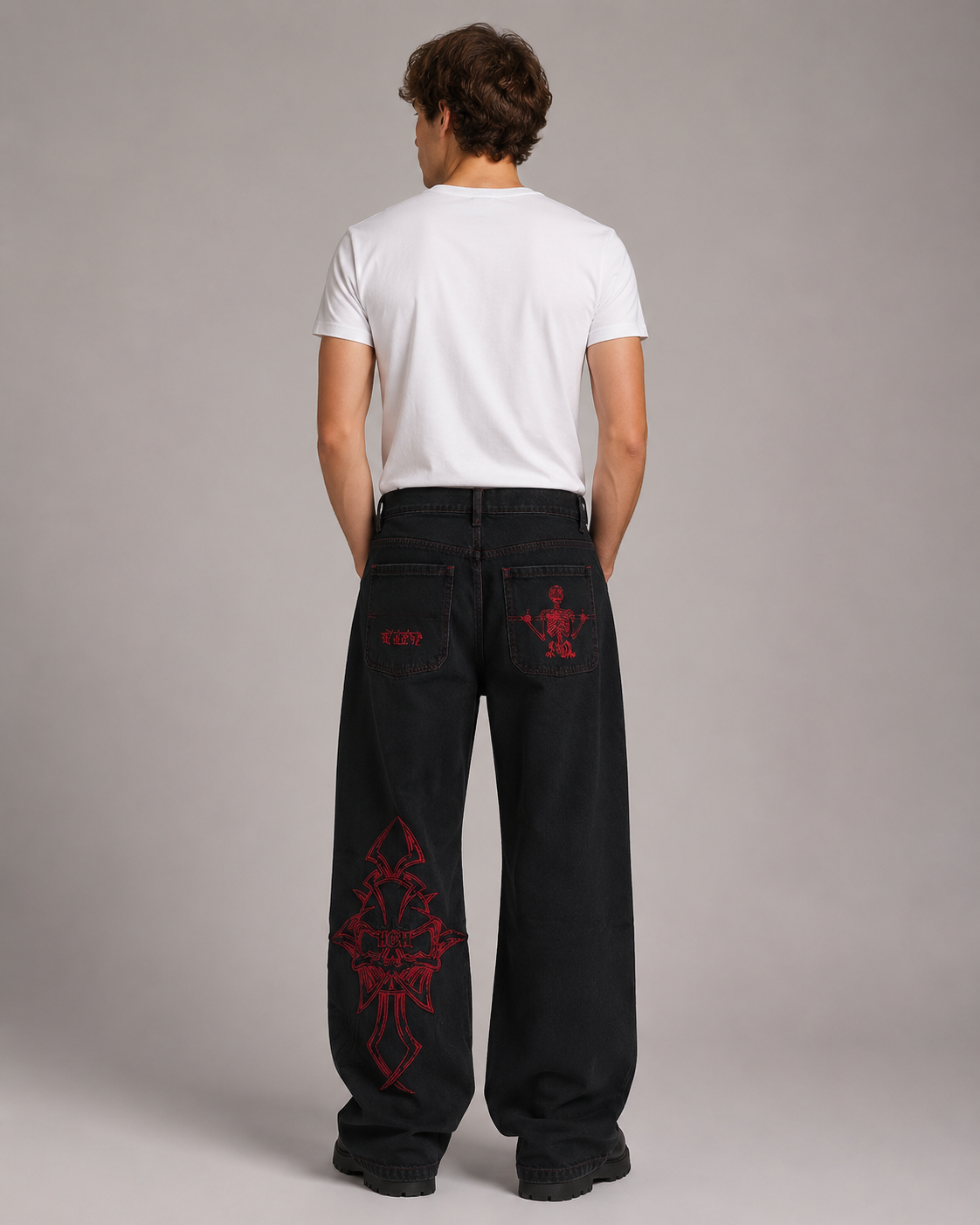 Men's Graphic Wide Leg Denim Jeans – Retro Print Loose Fit Baggy Streetwear Casual Jeans