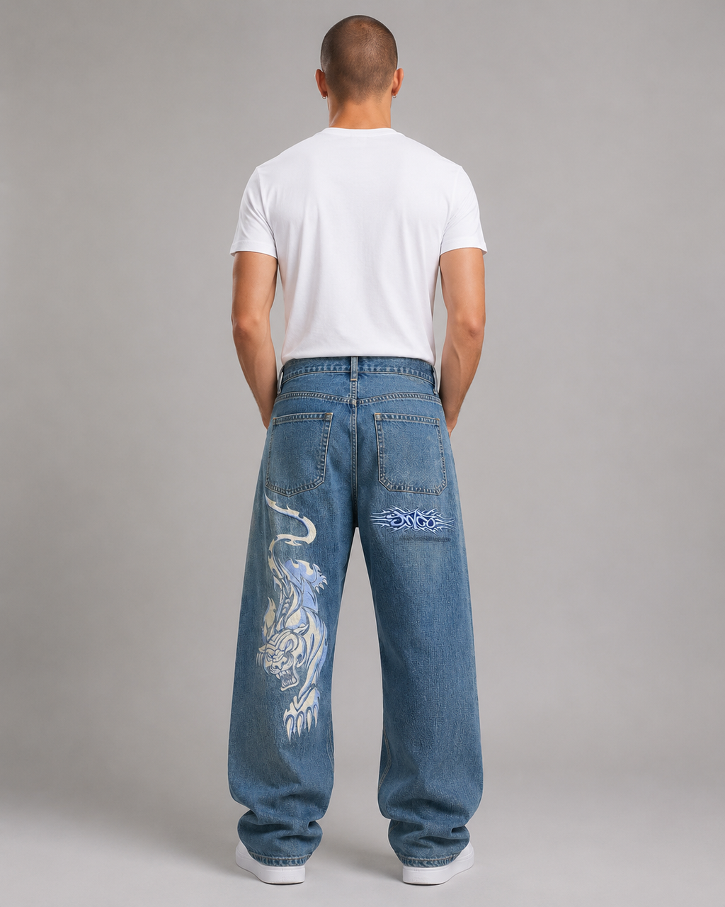Men's Graphic Wide Leg Denim Jeans – Retro Print Loose Fit Baggy Streetwear Casual Jeans