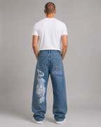 Men's Graphic Wide Leg Denim Jeans – Retro Print Loose Fit Baggy Streetwear Casual Jeans