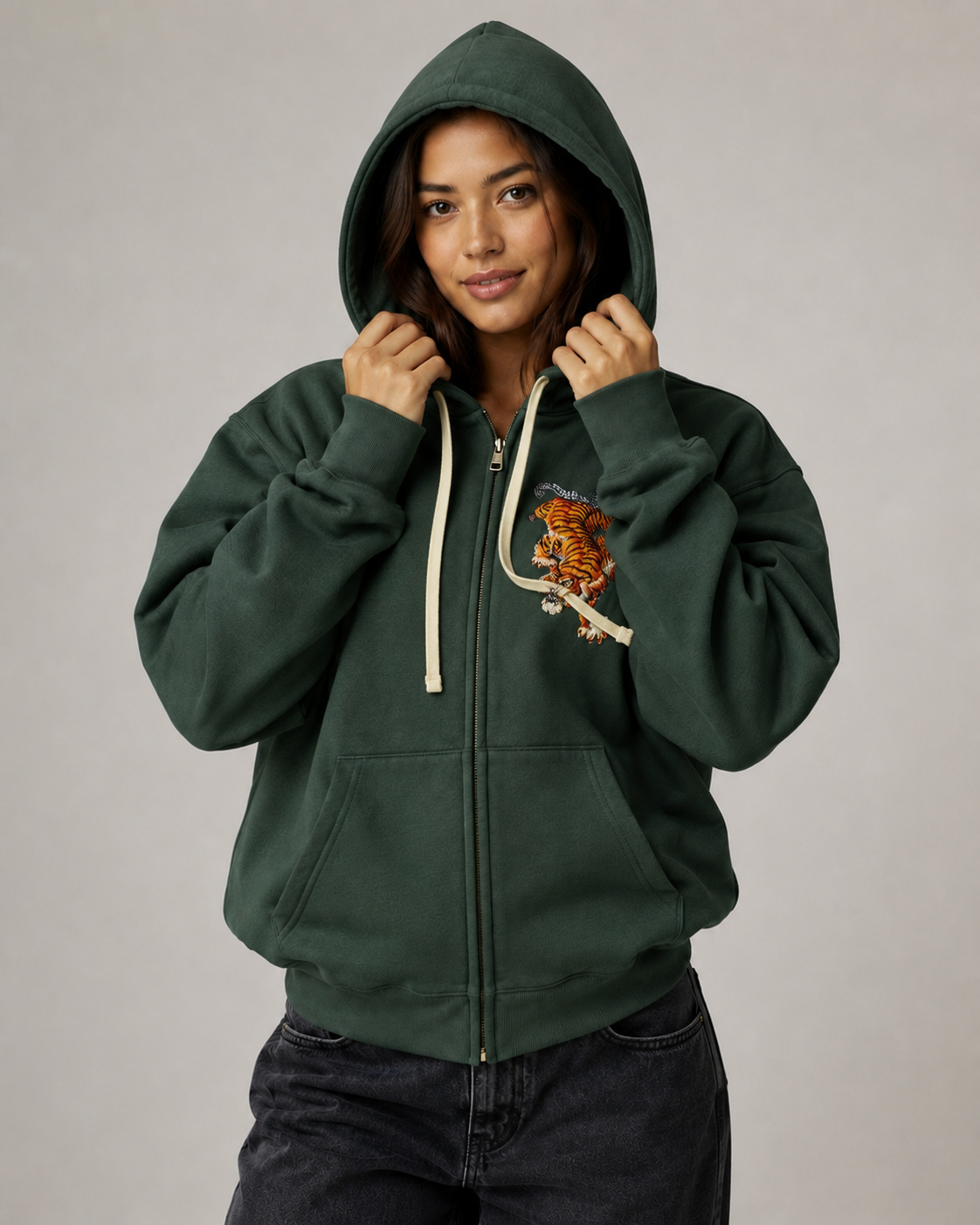 Women's Oversized Zip Up Tiger Hoodie – Embroidered Hooded Sweatshirt Casual Streetwear Jacket