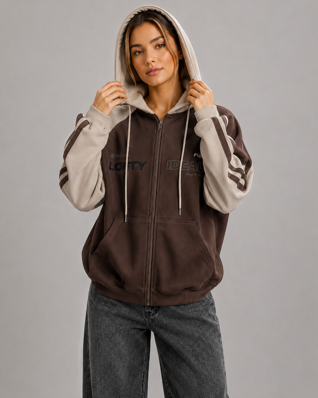 Women's Oversized Zip Up Hoodie – Color Block Fleece Hooded Sweatshirt Casual Streetwear Jacket