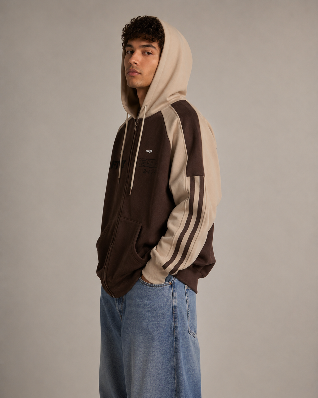 Men's Oversized Zip Up Hoodie – Color Block Hooded Sweatshirt Loose Fit Casual Streetwear Jacket