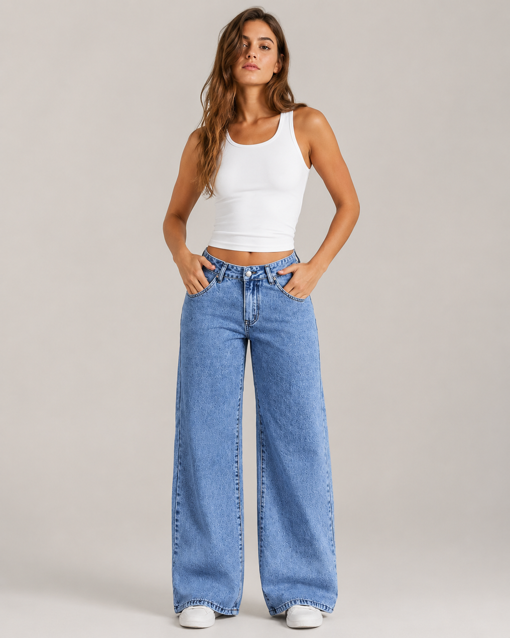 Women's High Waist Embroidered Wide Leg Denim Jeans – Relaxed Fit Floral Embroidery Casual Fashion Jeans