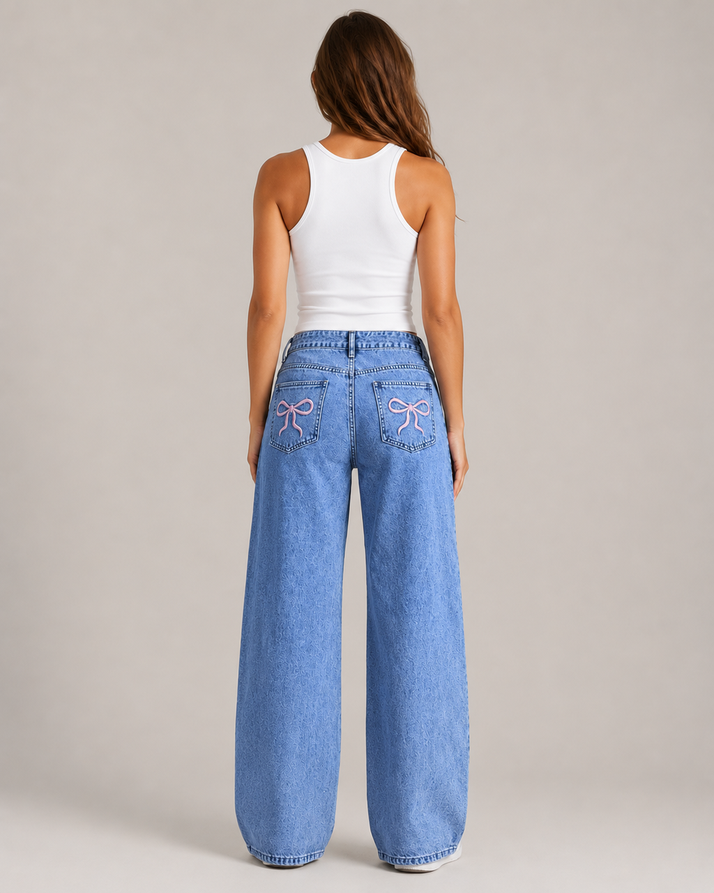 Women's High Waist Embroidered Wide Leg Denim Jeans – Relaxed Fit Floral Embroidery Casual Fashion Jeans