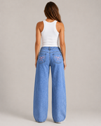 Women's High Waist Embroidered Wide Leg Denim Jeans – Relaxed Fit Floral Embroidery Casual Fashion Jeans