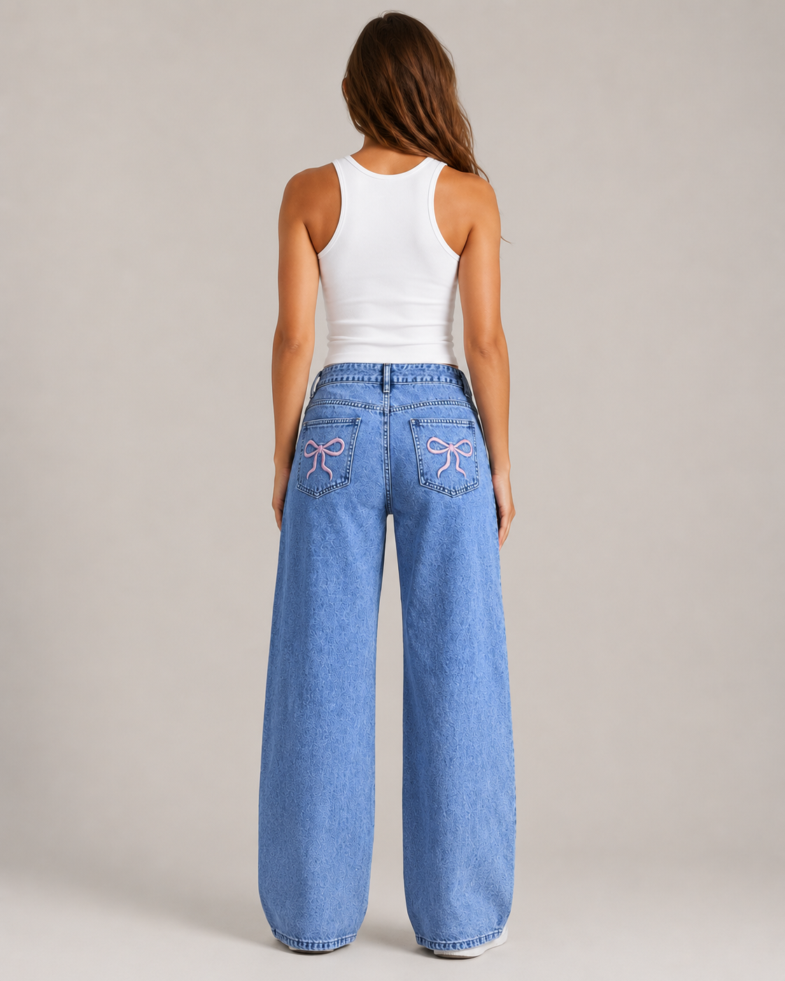 Women's High Waist Embroidered Wide Leg Denim Jeans – Relaxed Fit Floral Embroidery Casual Fashion Jeans