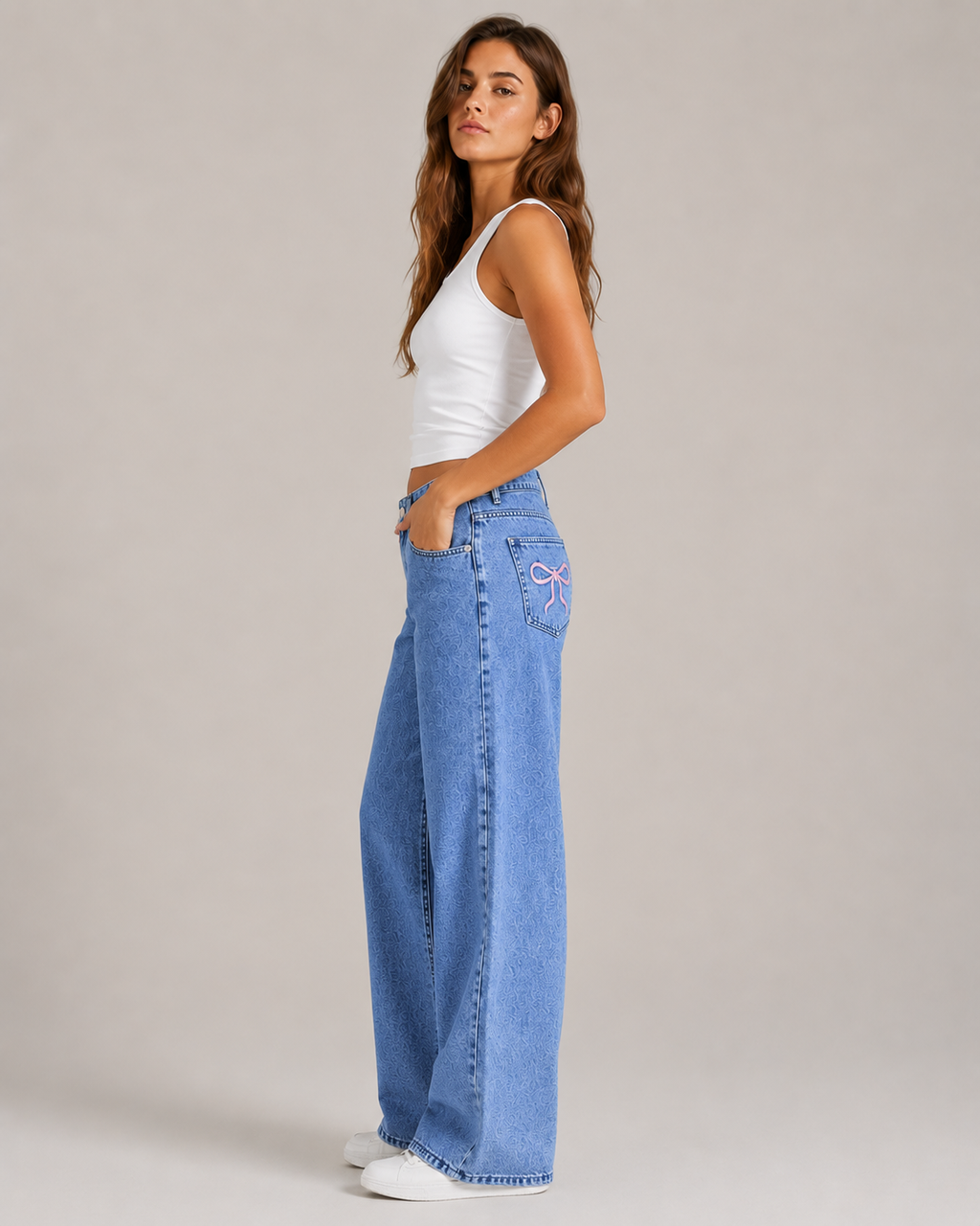 Women's High Waist Embroidered Wide Leg Denim Jeans – Relaxed Fit Floral Embroidery Casual Fashion Jeans