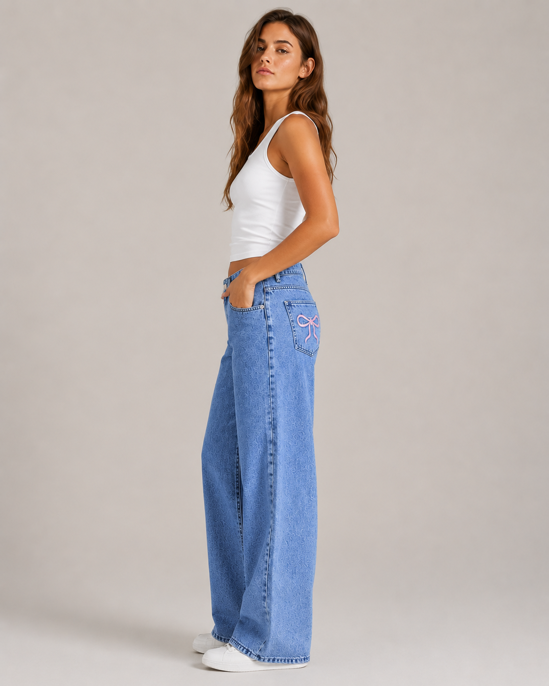 Women's High Waist Embroidered Wide Leg Denim Jeans – Relaxed Fit Floral Embroidery Casual Fashion Jeans