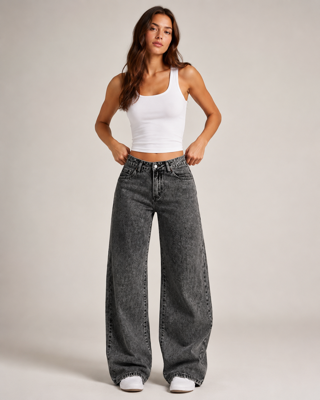 Women's High Waist Embroidered Wide Leg Denim Jeans – Relaxed Fit Floral Embroidery Casual Fashion Jeans