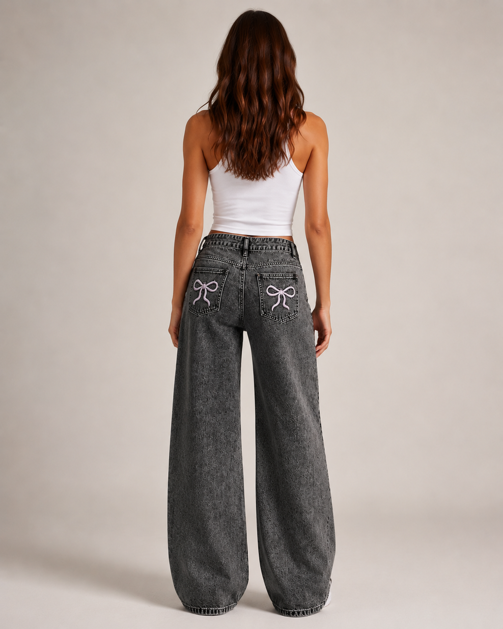 Women's High Waist Embroidered Wide Leg Denim Jeans – Relaxed Fit Floral Embroidery Casual Fashion Jeans