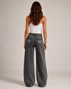 Women's High Waist Embroidered Wide Leg Denim Jeans – Relaxed Fit Floral Embroidery Casual Fashion Jeans