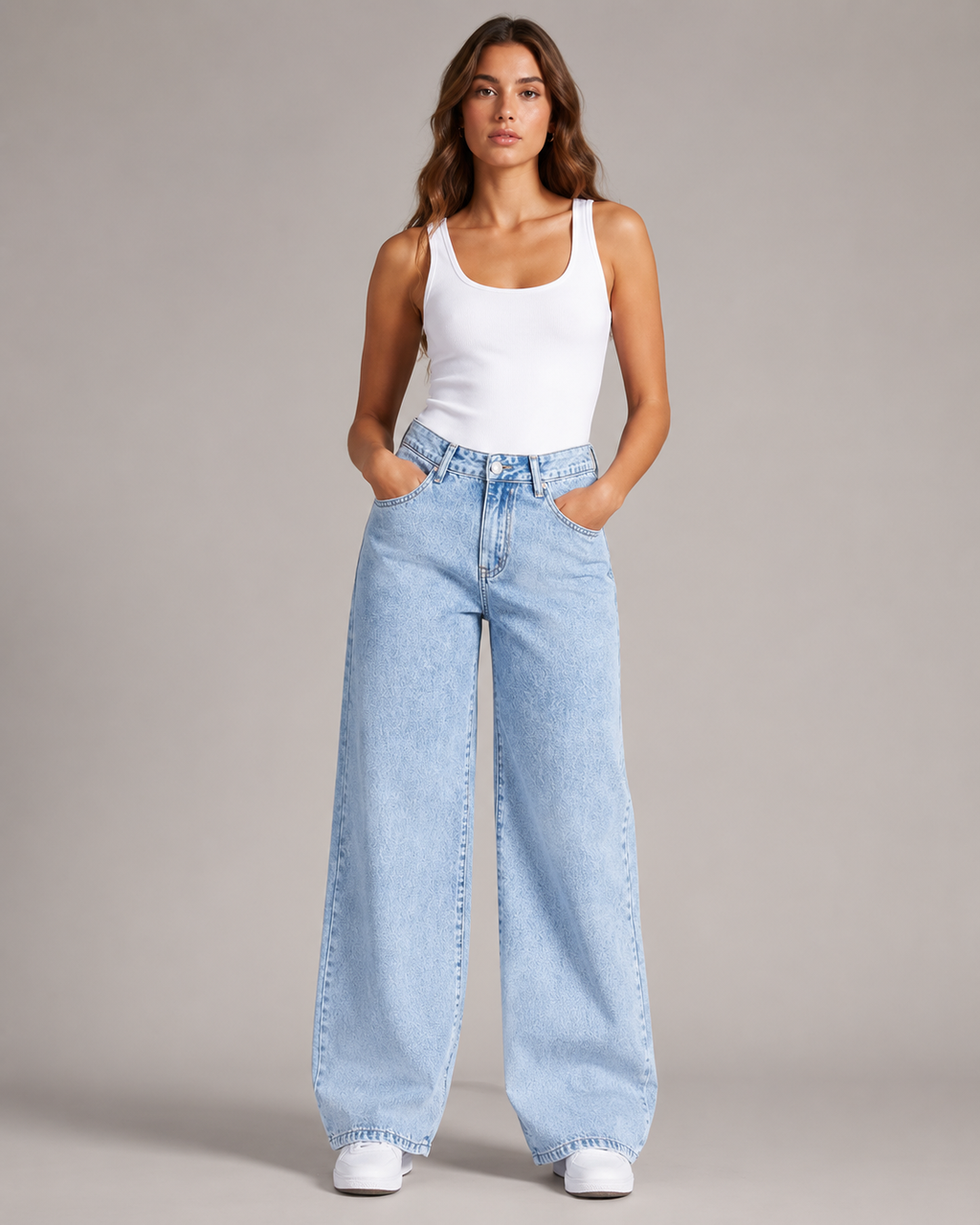 Women's High Waist Embroidered Wide Leg Denim Jeans – Relaxed Fit Floral Embroidery Casual Fashion Jeans