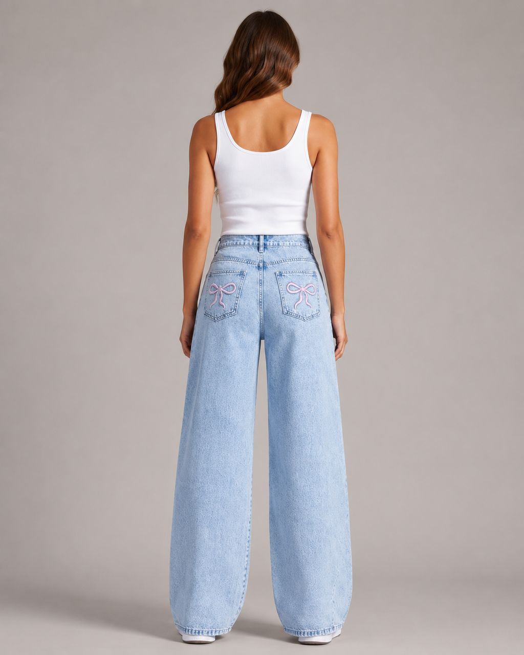 Women's High Waist Embroidered Wide Leg Denim Jeans – Relaxed Fit Floral Embroidery Casual Fashion Jeans