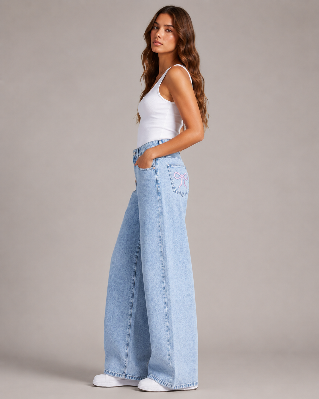 Women's High Waist Embroidered Wide Leg Denim Jeans – Relaxed Fit Floral Embroidery Casual Fashion Jeans