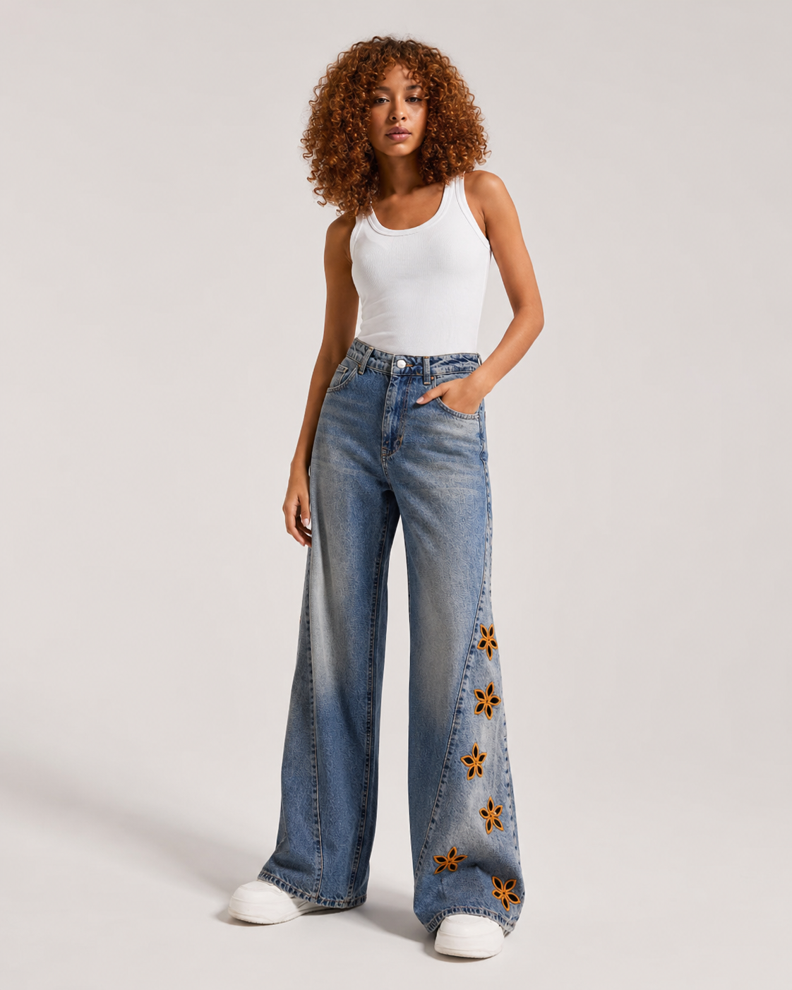 Women's Star Print Wide Leg Denim Jeans – High Waist Relaxed Fit Graphic Casual Streetwear Jeans