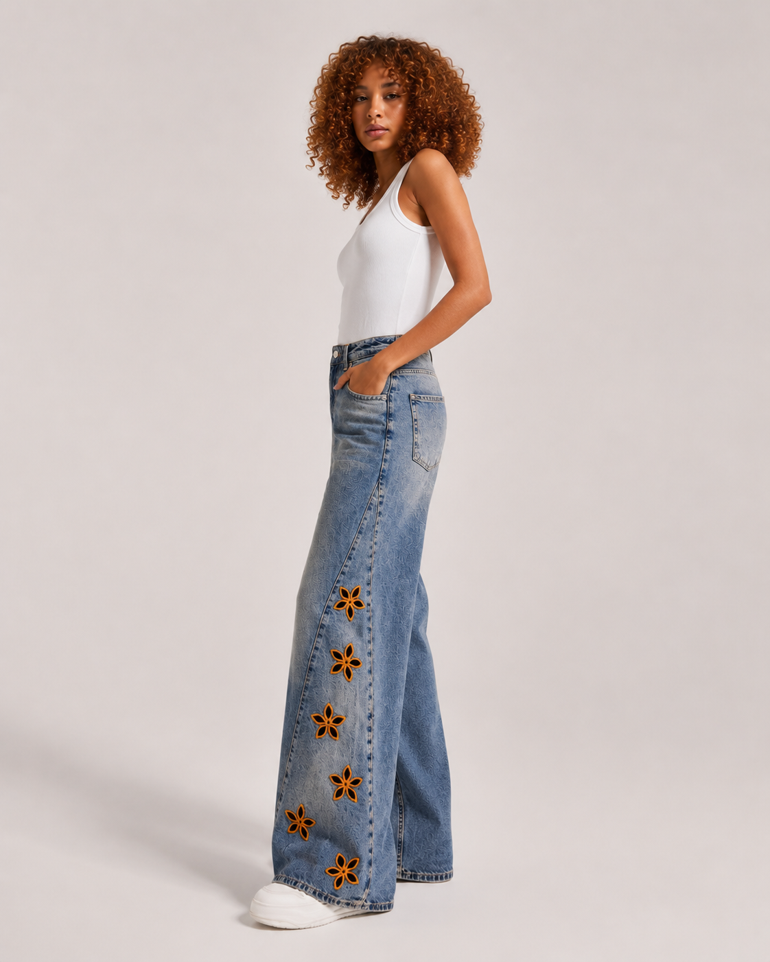 Women's Star Print Wide Leg Denim Jeans – High Waist Relaxed Fit Graphic Casual Streetwear Jeans