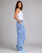 Women's Cargo Wide Leg Denim Jeans – High Waist Relaxed Fit Baggy Utility Pocket Casual Streetwear Jeans