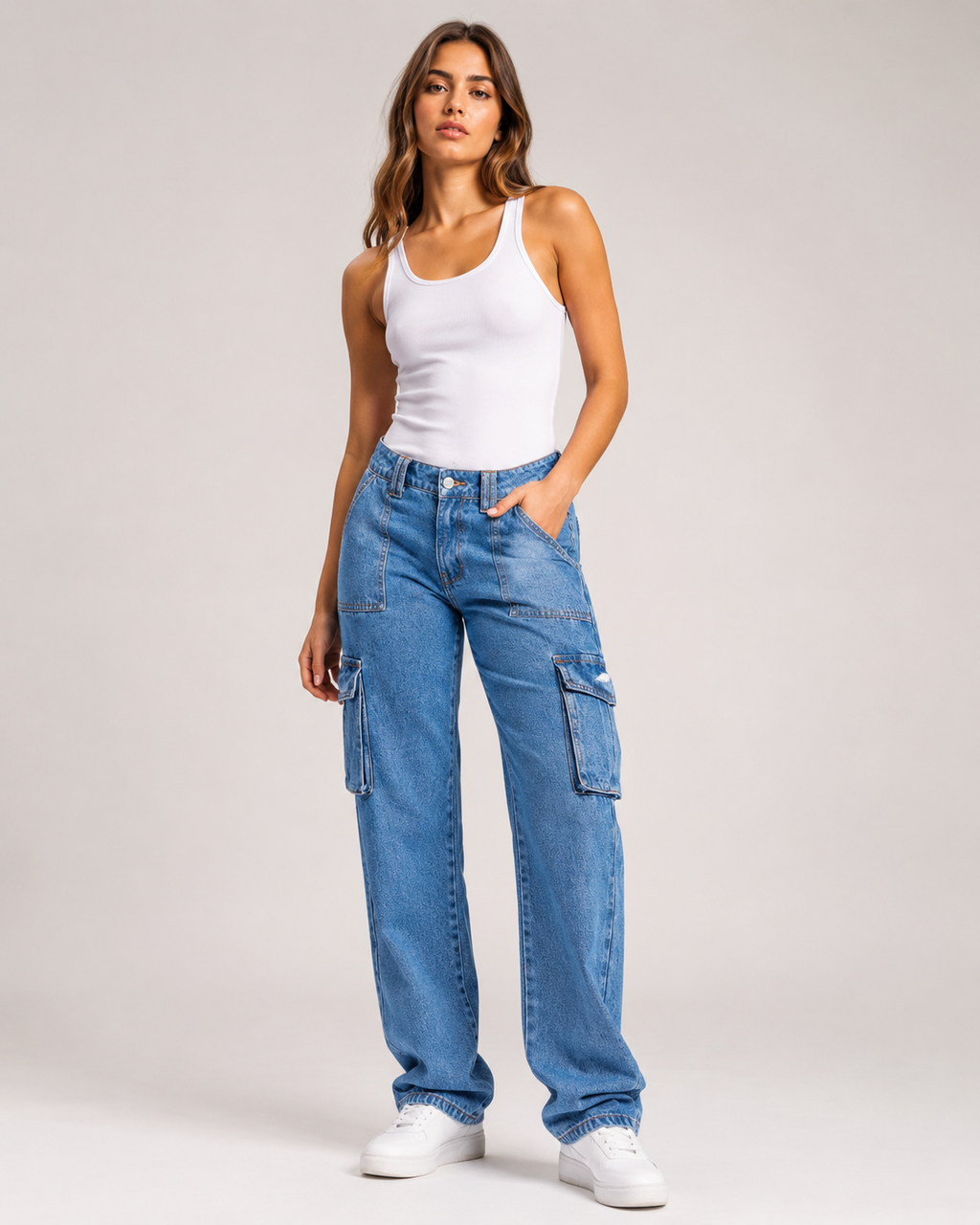 Women's Cargo Wide Leg Denim Jeans – High Waist Relaxed Fit Utility Pocket Casual Streetwear Jeans