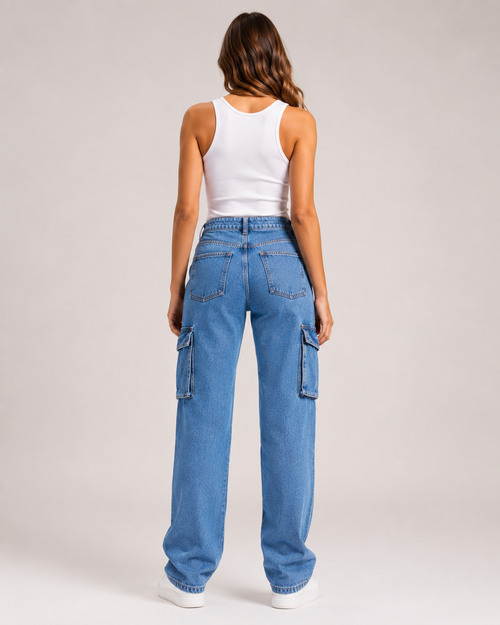 Cargo Wide Leg Denim Jeans for Women – High Waist Relaxed Fit Utility Pocket Casual Streetwear Jeans