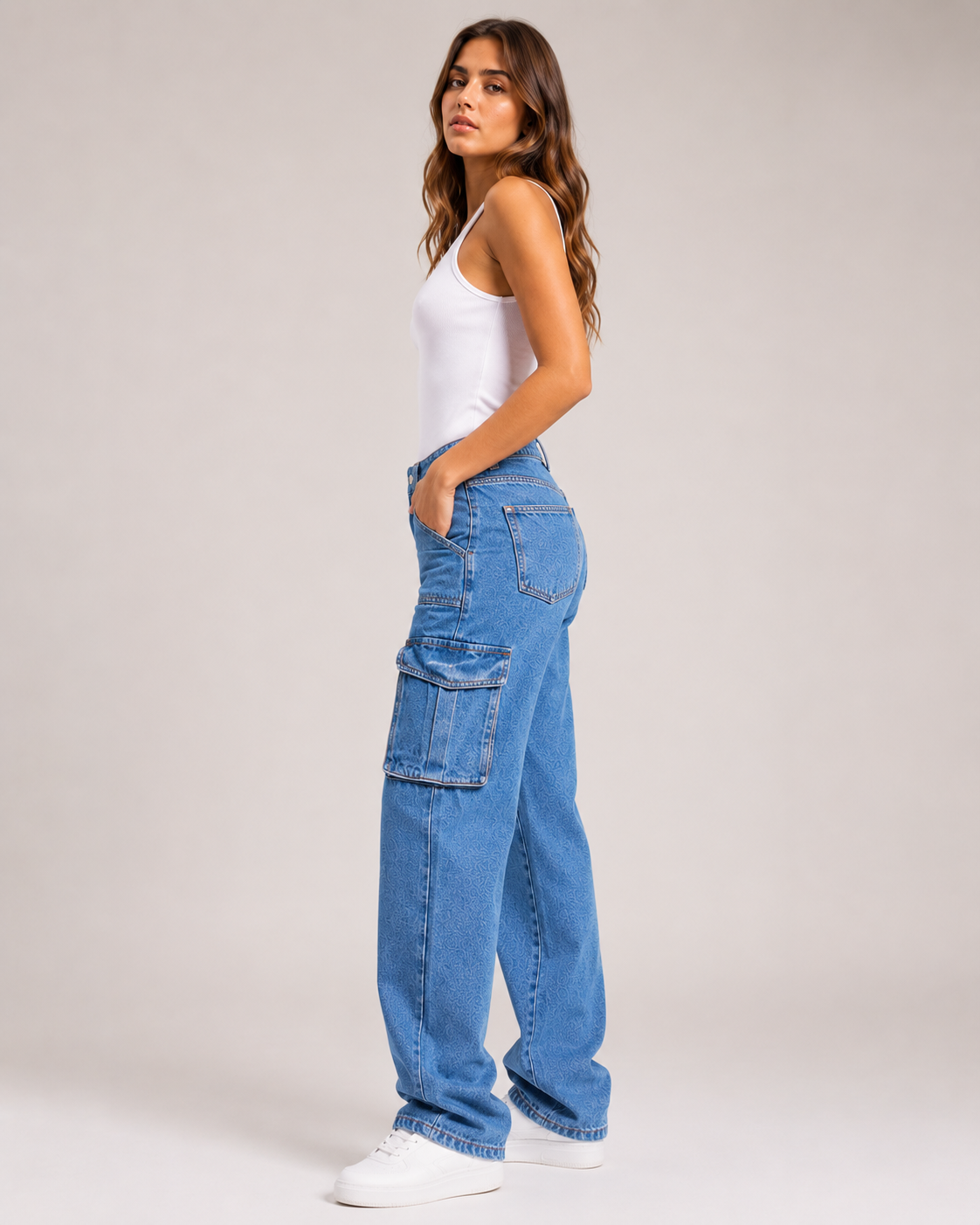Women's Cargo Wide Leg Denim Jeans – High Waist Relaxed Fit Utility Pocket Casual Streetwear Jeans