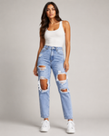 Women's High Waist Ripped Straight Leg Denim Jeans – Distressed Relaxed Fit Casual Everyday Jeans