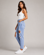 Women's High Waist Ripped Straight Leg Denim Jeans – Distressed Relaxed Fit Casual Everyday Jeans