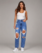 Women's High Waist Ripped Straight Leg Denim Jeans – Distressed Relaxed Fit Casual Everyday Jeans