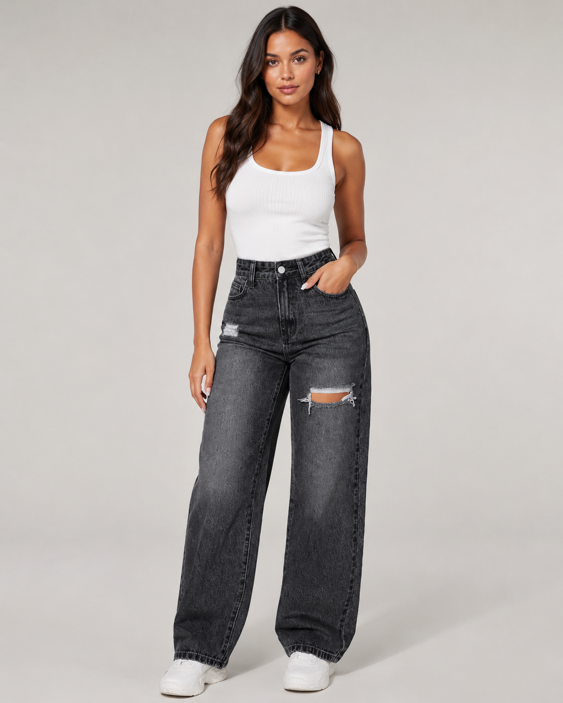 Women's High Waist Ripped Wide Leg Denim Jeans – Relaxed Fit Distressed Baggy Casual Streetwear Jeans