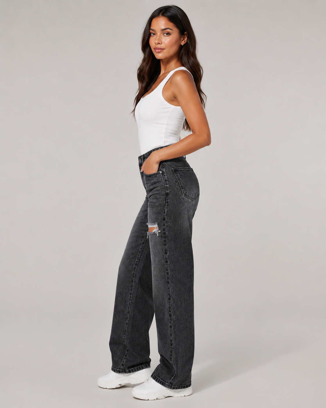 Women's High Waist Ripped Wide Leg Denim Jeans – Relaxed Fit Distressed Baggy Casual Streetwear Jeans