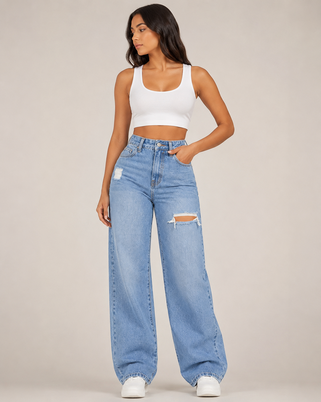 Women's High Waist Ripped Wide Leg Denim Jeans – Relaxed Fit Distressed Baggy Casual Streetwear Jeans