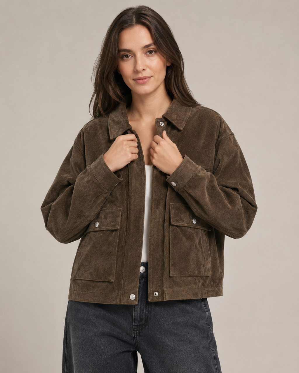 Women's Faux Leather Bomber Jacket – Relaxed Fit Zip Up Collared Casual Vintage Streetwear Jacket