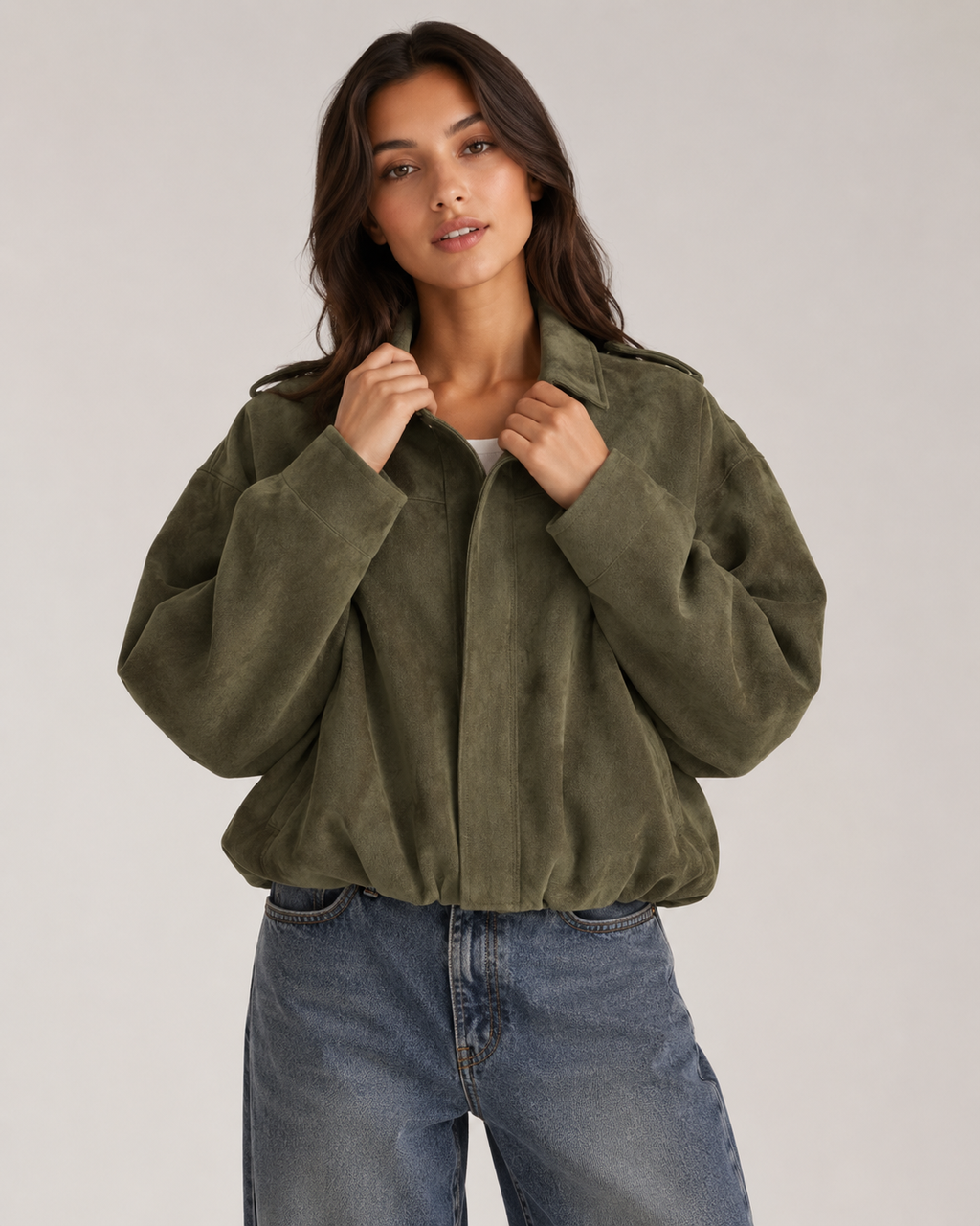 Women's Suede Bomber Jacket – Relaxed Fit Zip Up Collared Casual Vintage Streetwear Jacket