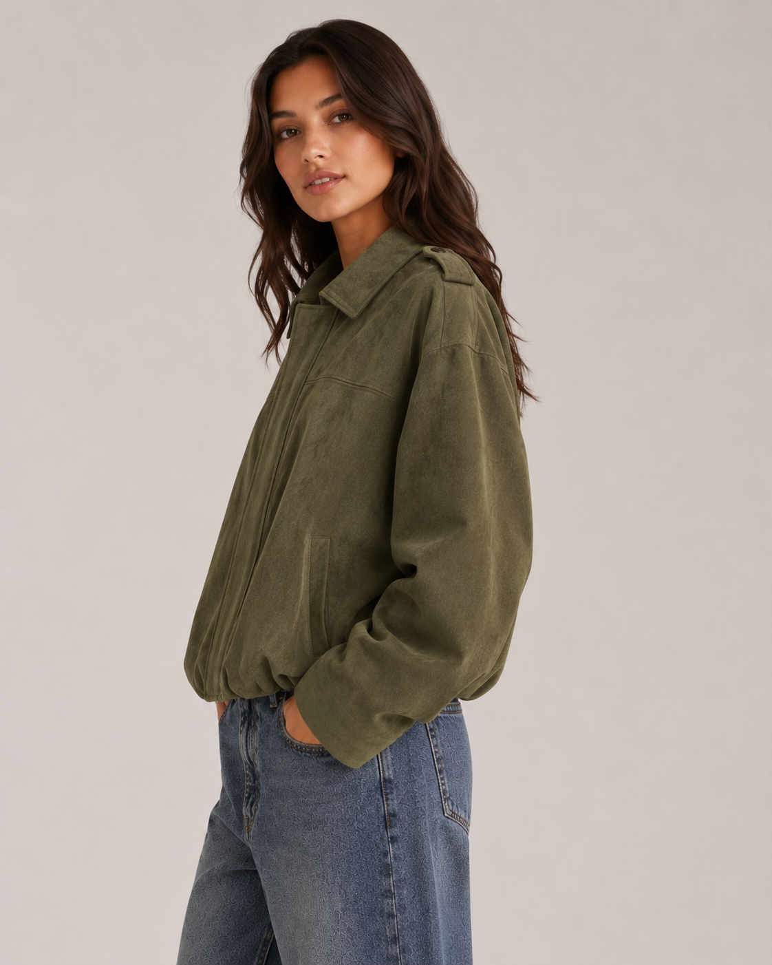 Women's Suede Bomber Jacket – Relaxed Fit Zip Up Collared Casual Vintage Streetwear Jacket