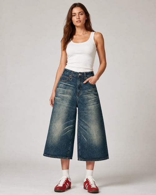 Vintage Wash Cropped Wide-Leg Jeans