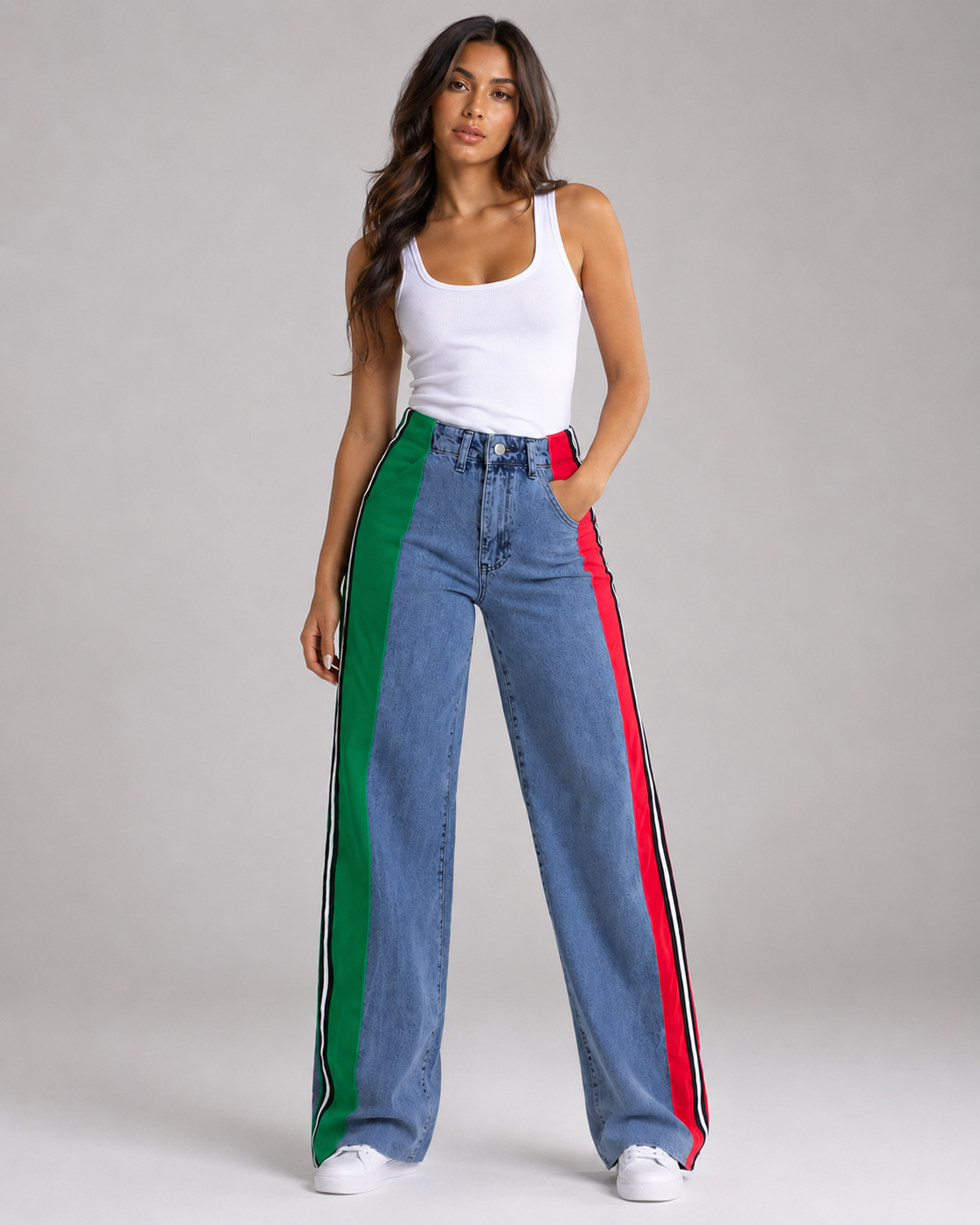 Women's Striped Wide Leg Denim Jeans – High Rise Relaxed Fit Panel Jeans Casual Streetwear Pants