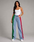 Women's Striped Wide Leg Denim Jeans – High Rise Relaxed Fit Panel Jeans Casual Streetwear Pants