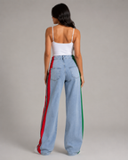 Women's Striped Wide Leg Denim Jeans – High Rise Relaxed Fit Panel Jeans Casual Streetwear Pants