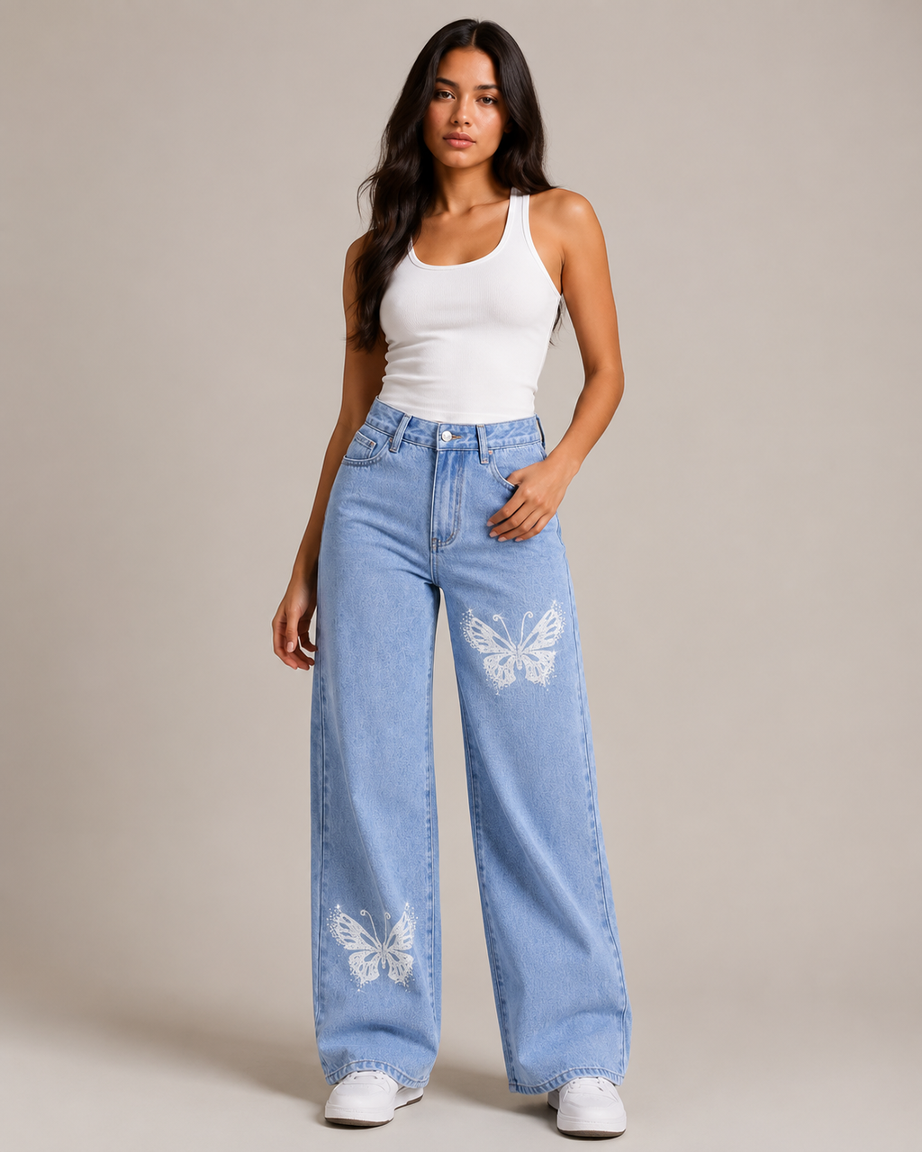 Women's Butterfly Print Wide Leg Denim Jeans – High Waist Relaxed Fit Graphic Casual Streetwear Jeans